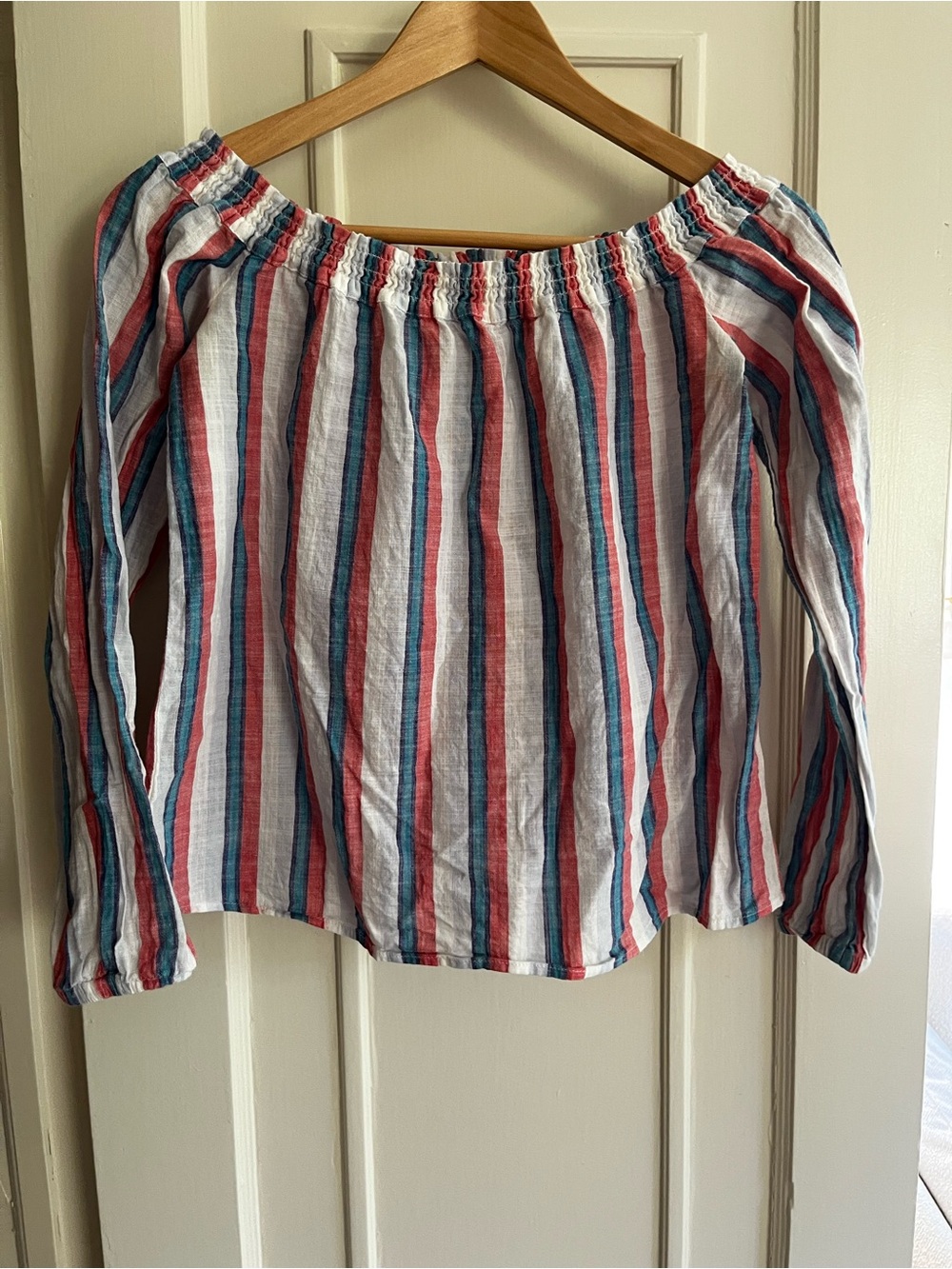 Marine Layer Striped Off-Shoulder Top in White, Red & Blue